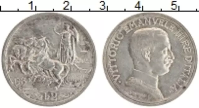Монета 2 лиры Италии 1915 года Серебро Витторио Эммануил III