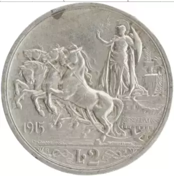 Монета 2 лиры Италии 1915 года Серебро Витторио Эммануил III