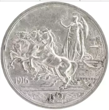 Монета 2 лиры Италии 1916 года Серебро Витторио Имануил III