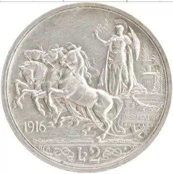 Монета 2 лиры Италии 1916 года Серебро Витторио Имануил III