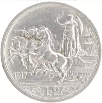 Монета 2 лиры Италии 1917 года Серебро Витторио Имануил III