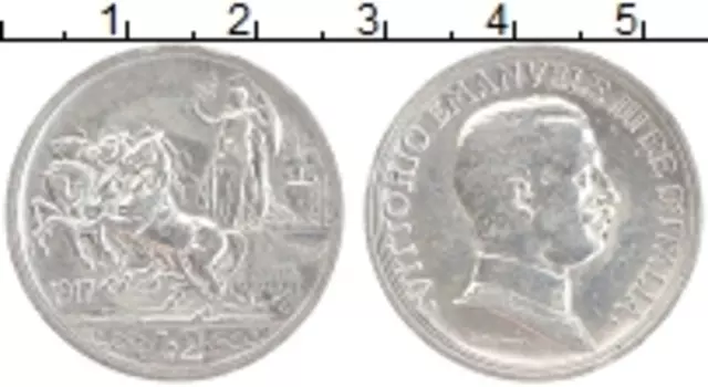 Монета 2 лиры Италии 1917 года Серебро Виктор Эммануил III
