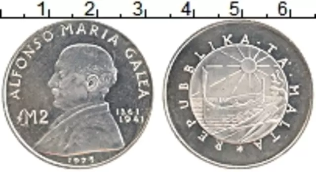 Монета 2 лиры Мальты 1975 года Серебро Альфонсо Мария Гальфа
