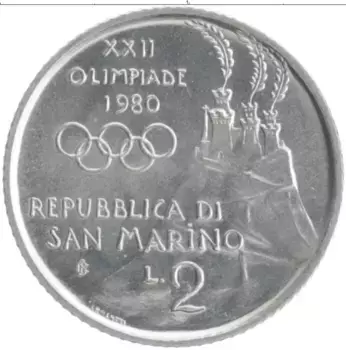 Монета 2 лиры Сан-Марино 1980 года Алюминий XXII Летние олимпийские игры в Москве