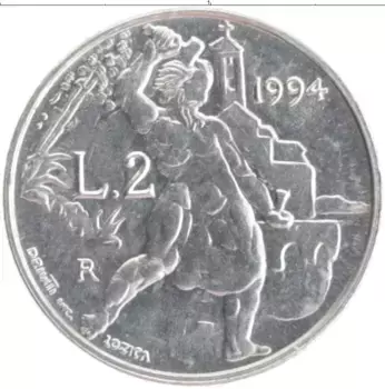 Монета 2 лиры Сан-Марино 1994 года Алюминий Каменотёс