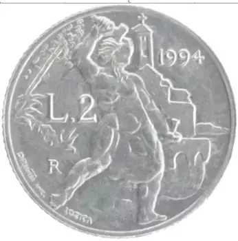 Монета 2 лиры Сан-Марино 1994 года Алюминий
