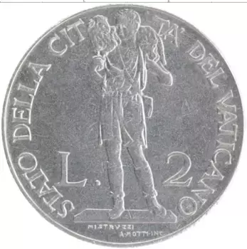 Монета 2 лиры Ватикана 1940 года Медно-никель Пий XII