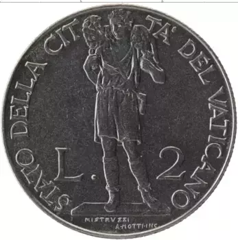Монета 2 лиры Ватикана 1941 года Медно-никель Пий XII