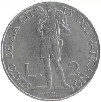 Монета 2 лиры Ватикана 1941 года Медно-никель Пий XII