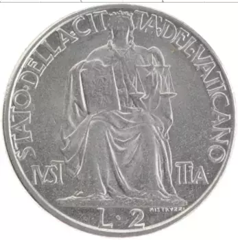 Монета 2 лиры Ватикана 1942 года Медно-никель Пий XII