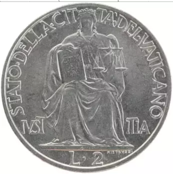 Монета 2 лиры Ватикана 1942 года Медно-никель Пий XII