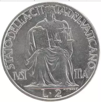 Монета 2 лиры Ватикана 1942 года Медно-никель Пий XII
