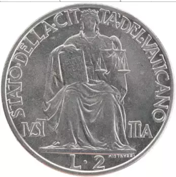 Монета 2 лиры Ватикана 1942 года Медно-никель Пий XII