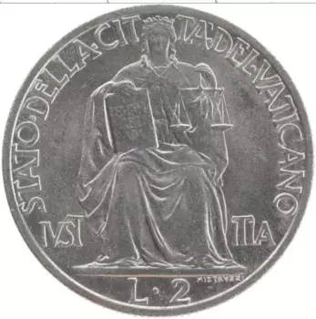 Монета 2 лиры Ватикана 1942 года Медно-никель Пий XII