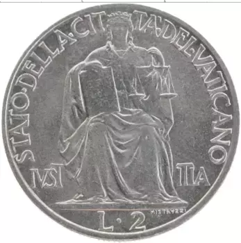 Монета 2 лиры Ватикана 1942 года Медно-никель Пий XII