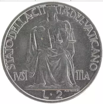 Монета 2 лиры Ватикана 1942 года Железо Пий XII