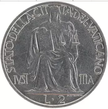 Монета 2 лиры Ватикана 1943 года Медно-никель Пий XII