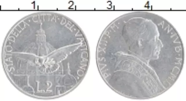 Монета 2 лиры Ватикана 1950 года Алюминий Пий XII