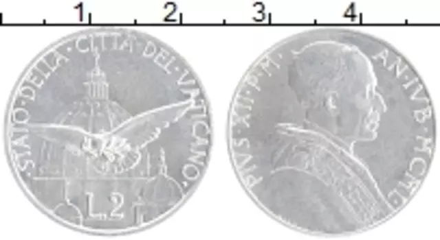 Монета 2 лиры Ватикана 1950 года Алюминий Пий XII