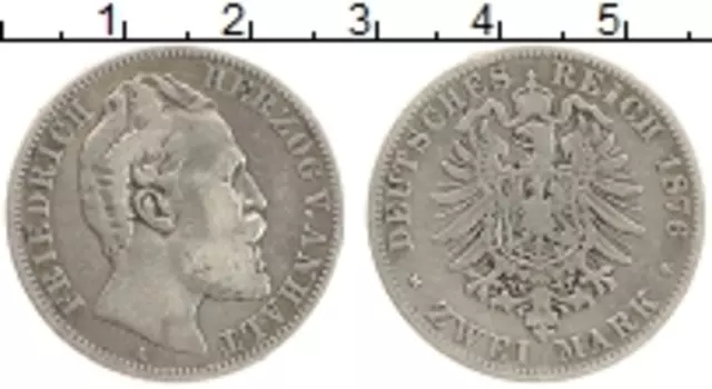 Монета 2 марки Анхальта 1876 года Серебро А Фридрих