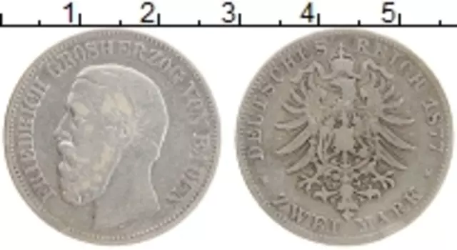 Монета 2 марки Бадена 1877 года Серебро G