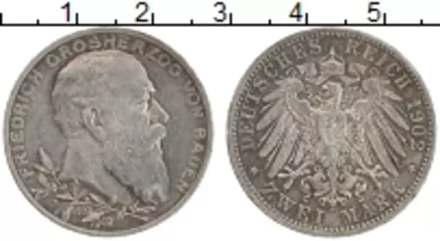Монета 2 марки Бадена 1902 года Серебро 50 лет правления Фридриха I