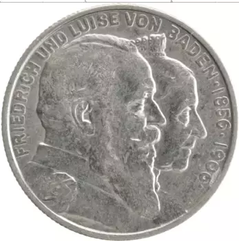 Монета 2 марки Бадена 1906 года Серебро Золотая свадьба Фридриха I и Луизы