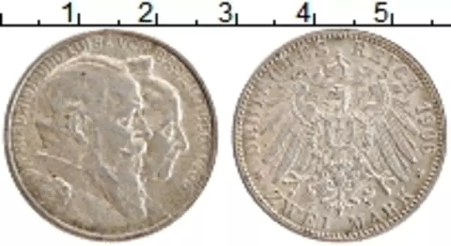Монета 2 марки Бадена 1906 года Серебро Золотая свадьба Фридриха и Луизы