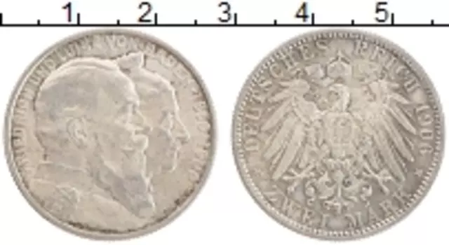 Монета 2 марки Бадена 1906 года Серебро Золотая свадьба Фридриха и Луизы