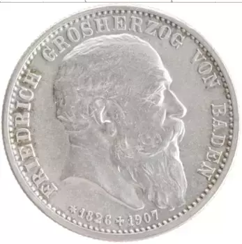 Монета 2 марки Бадена 1907 года Серебро Смерть Фридриха I