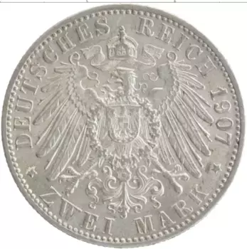 Монета 2 марки Бадена 1907 года Серебро Фридрих I