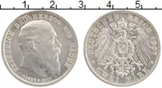 Монета 2 марки Бадена 1907 года Серебро На смерть Фридриха