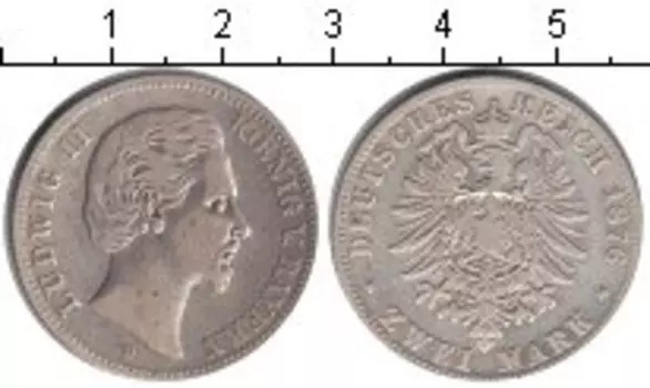 Монета 2 марки Баварии 1876 года Серебро Людвиг II