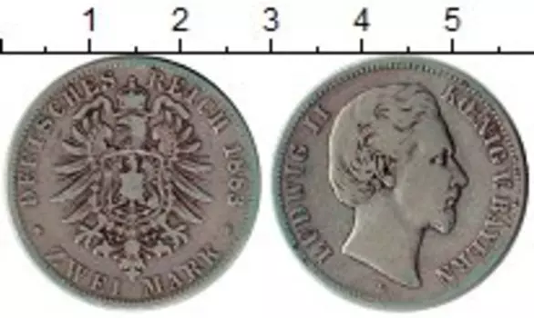 Монета 2 марки Баварии 1883 года Серебро Людвиг II