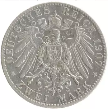 Монета 2 марки Баварии 1907 года Серебро D