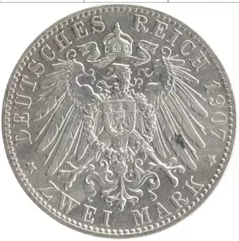 Монета 2 марки Баварии 1907 года Серебро Отто D
