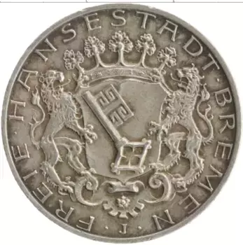 Монета 2 марки Бремена 1904 года Серебро J