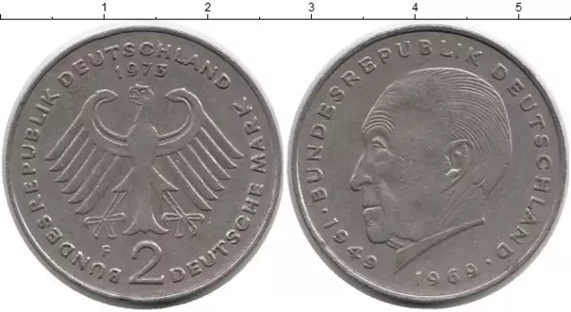 Монета 2 марки ФРГ 1973 года Медно-никель F, Конрад Аденауэр