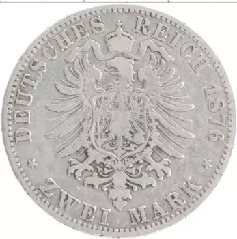 Монета 2 марки Гамбурга 1876 года Серебро J