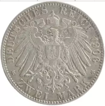 Монета 2 марки Гамбурга 1906 года Серебро J