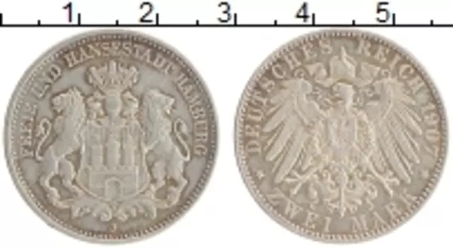 Монета 2 марки Гамбурга 1907 года Серебро J