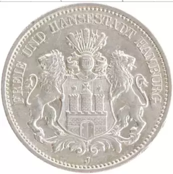 Монета 2 марки Гамбурга 1913 года Серебро J