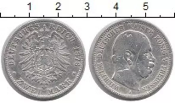 Монета 2 марки Пруссии 1876 года Серебро Вильгельм