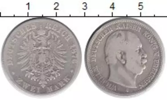 Монета 2 марки Пруссии 1876 года Серебро Вильгельм (С)