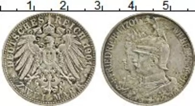 Монета 2 марки Пруссии 1901 года Серебро 200 лет династии