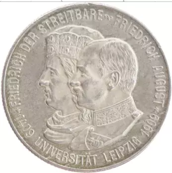 Монета 2 марки Саксонии 1909 года Серебро 500 лет Университету Лейпцига