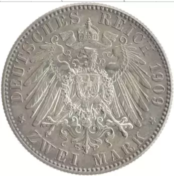 Монета 2 марки Саксонии 1909 года Серебро 500-летие университета в Лейпциге