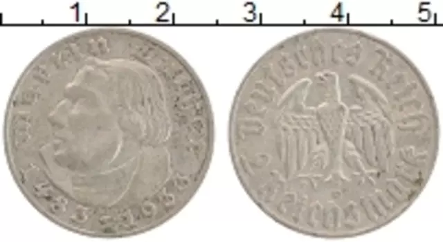 Монета 2 марки Третьего Рейха 1933 года Серебро 450 лет со дня рождения Мартина Лютера