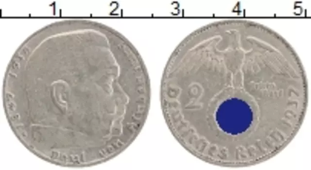 Монета 2 марки Третьего Рейха 1937 года Серебро Пауль фон Гинденбург