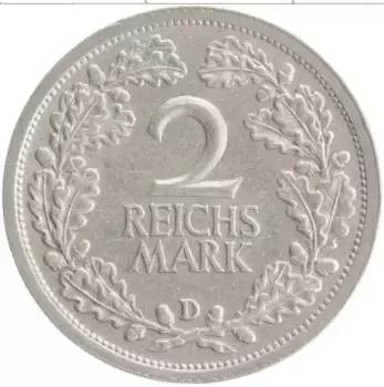Монета 2 марки Веймарской республики 1931 года Серебро D